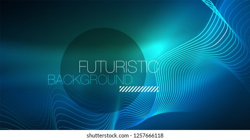 Glowing abstract wave on dark, shiny motion, Christmas and New Year magic space light. Vector techno abstract background