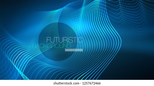 Glowing abstract wave on dark, shiny motion, Christmas and New Year magic space light. Vector techno abstract background