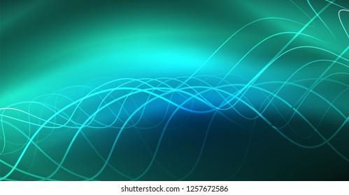 Glowing abstract wave on dark, shiny motion, Christmas and New Year magic space light. Vector techno abstract background
