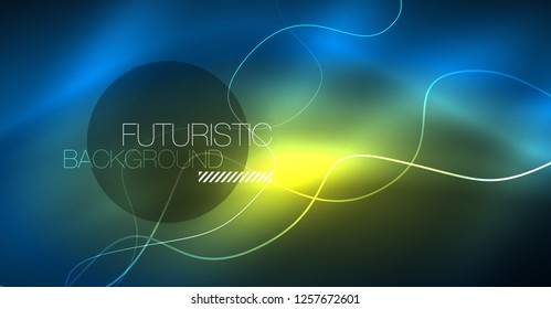 Glowing abstract wave on dark, shiny motion, Christmas and New Year magic space light. Vector techno abstract background