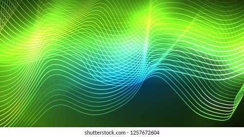 Glowing abstract wave on dark, shiny motion, Christmas and New Year magic space light. Vector techno abstract background