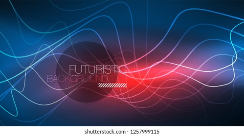 Glowing abstract wave on dark, shiny motion, Christmas and New Year magic space light. Vector techno abstract background