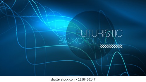 Glowing abstract wave on dark, shiny motion, Christmas and New Year magic space light. Vector techno abstract background
