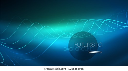 Glowing abstract wave on dark, shiny motion, Christmas and New Year magic space light. Vector techno abstract background