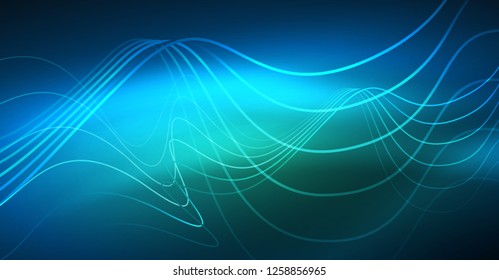 Glowing abstract wave on dark, shiny motion, Christmas and New Year magic space light. Vector techno abstract background