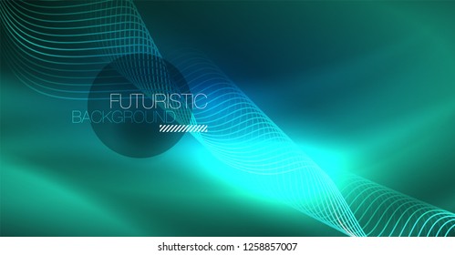 Glowing abstract wave on dark, shiny motion, Christmas and New Year magic space light. Vector techno abstract background