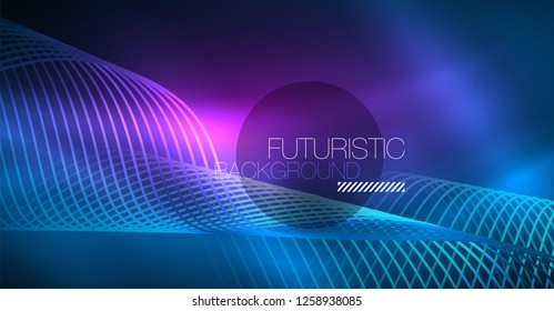 Glowing abstract wave on dark, shiny motion, Christmas and New Year magic space light. Vector techno abstract background