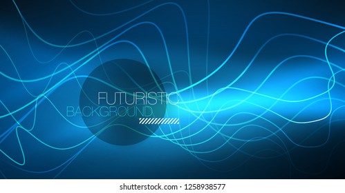 Glowing abstract wave on dark, shiny motion, Christmas and New Year magic space light. Vector techno abstract background