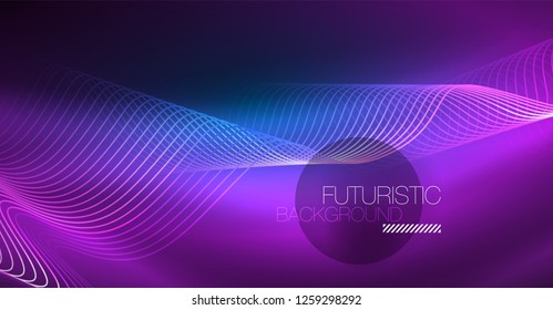 Glowing abstract wave on dark, shiny motion, Christmas and New Year magic space light. Vector techno abstract background