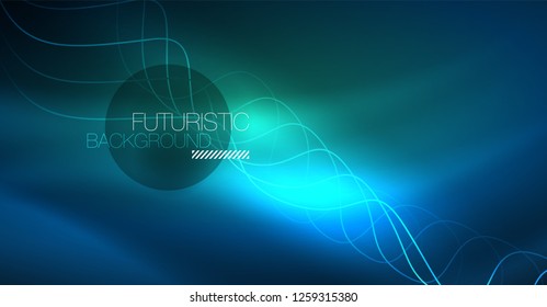 Glowing abstract wave on dark, shiny motion, Christmas and New Year magic space light. Vector techno abstract background
