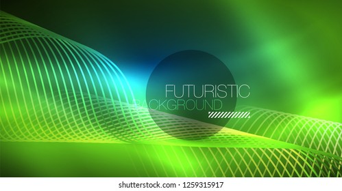 Glowing abstract wave on dark, shiny motion, Christmas and New Year magic space light. Vector techno abstract background