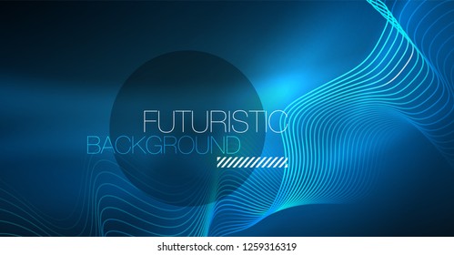 Glowing abstract wave on dark, shiny motion, Christmas and New Year magic space light. Vector techno abstract background