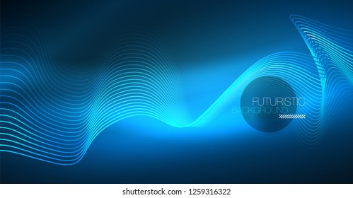 Glowing abstract wave on dark, shiny motion, Christmas and New Year magic space light. Vector techno abstract background