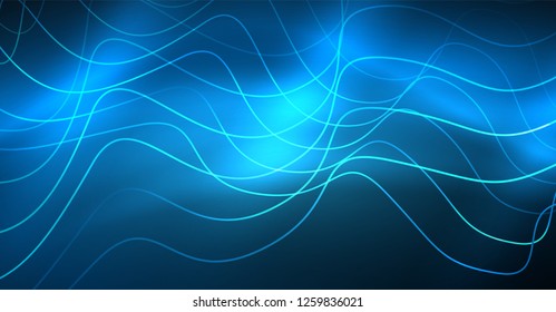 Glowing abstract wave on dark, shiny motion, Christmas and New Year magic space light. Vector techno abstract background