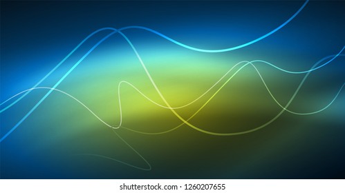 Glowing abstract wave on dark, shiny motion, Christmas and New Year magic space light. Vector techno abstract background