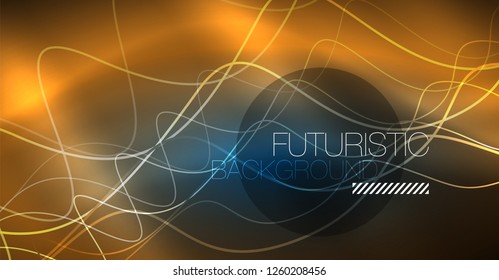 Glowing abstract wave on dark, shiny motion, Christmas and New Year magic space light. Vector techno abstract background