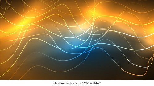 Glowing abstract wave on dark, shiny motion, Christmas and New Year magic space light. Vector techno abstract background