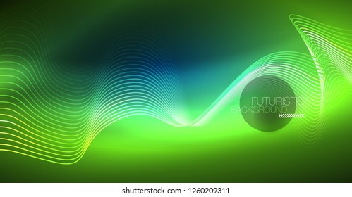 Glowing abstract wave on dark, shiny motion, Christmas and New Year magic space light. Vector techno abstract background