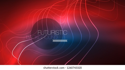 Glowing abstract wave on dark, shiny motion, Christmas and New Year magic space light. Vector techno abstract background