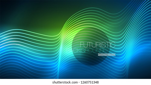 Glowing abstract wave on dark, shiny motion, Christmas and New Year magic space light. Vector techno abstract background