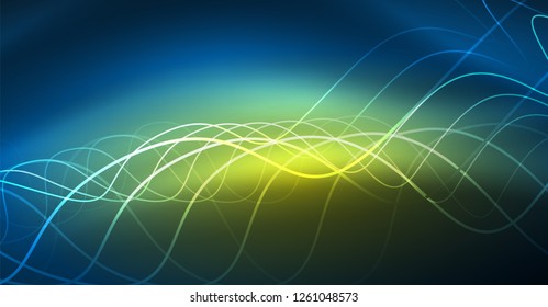 Glowing abstract wave on dark, shiny motion, Christmas and New Year magic space light. Vector techno abstract background