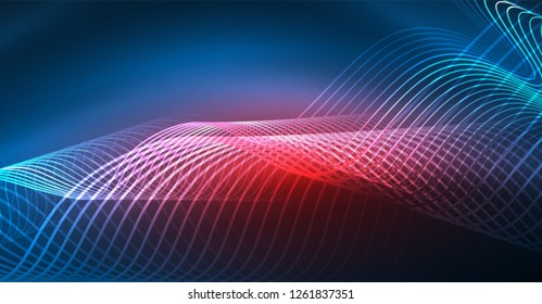 Glowing abstract wave on dark, shiny motion, Christmas and New Year magic space light. Vector techno abstract background