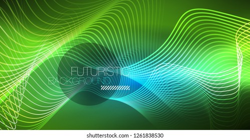 Glowing abstract wave on dark, shiny motion, Christmas and New Year magic space light. Vector techno abstract background