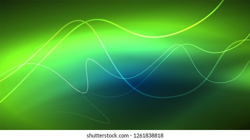 Glowing abstract wave on dark, shiny motion, Christmas and New Year magic space light. Vector techno abstract background