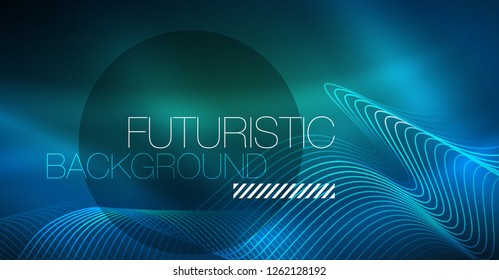 Glowing abstract wave on dark, shiny motion, Christmas and New Year magic space light. Vector techno abstract background
