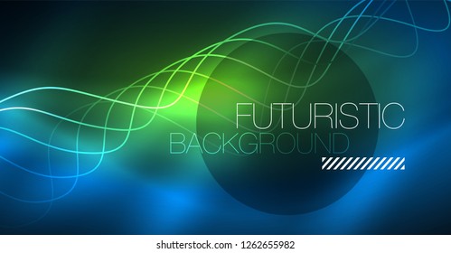 Glowing abstract wave on dark, shiny motion, Christmas and New Year magic space light. Vector techno abstract background