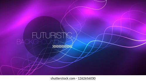 Glowing abstract wave on dark, shiny motion, Christmas and New Year magic space light. Vector techno abstract background