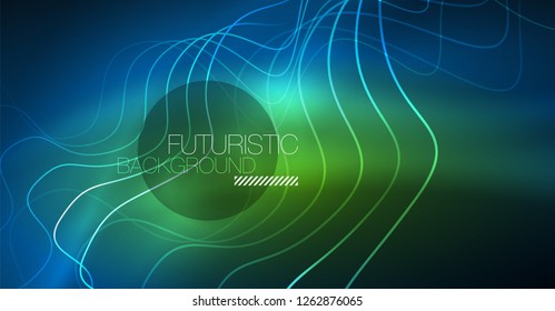 Glowing abstract wave on dark, shiny motion, Christmas and New Year magic space light. Vector techno abstract background