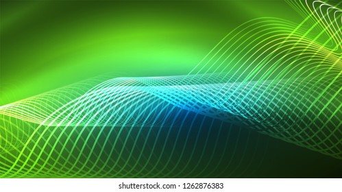 Glowing abstract wave on dark, shiny motion, Christmas and New Year magic space light. Vector techno abstract background