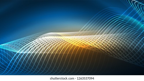 Glowing abstract wave on dark, shiny motion, Christmas and New Year magic space light. Vector techno abstract background