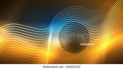 Glowing abstract wave on dark, shiny motion, Christmas and New Year magic space light. Vector techno abstract background