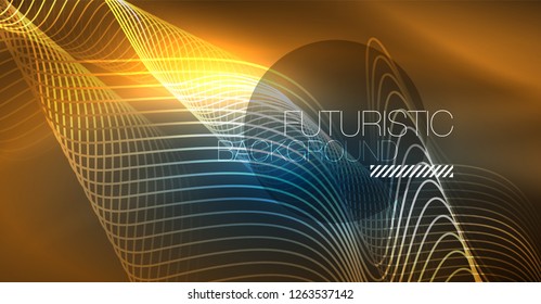 Glowing abstract wave on dark, shiny motion, Christmas and New Year magic space light. Vector techno abstract background