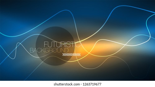 Glowing abstract wave on dark, shiny motion, Christmas and New Year magic space light. Vector techno abstract background