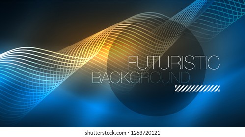 Glowing abstract wave on dark, shiny motion, Christmas and New Year magic space light. Vector techno abstract background