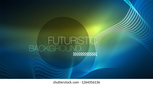Glowing abstract wave on dark, shiny motion, Christmas and New Year magic space light. Vector techno abstract background