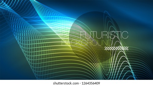 Glowing abstract wave on dark, shiny motion, Christmas and New Year magic space light. Vector techno abstract background