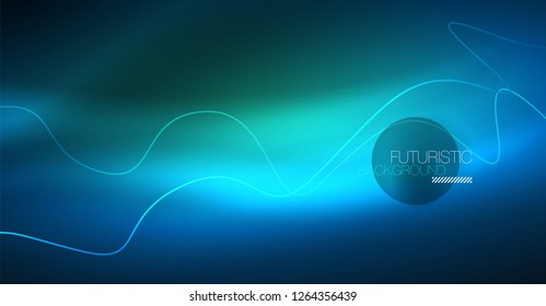 Glowing abstract wave on dark, shiny motion, Christmas and New Year magic space light. Vector techno abstract background