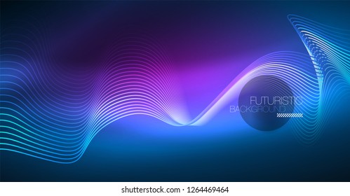Glowing abstract wave on dark, shiny motion, Christmas and New Year magic space light. Vector techno abstract background