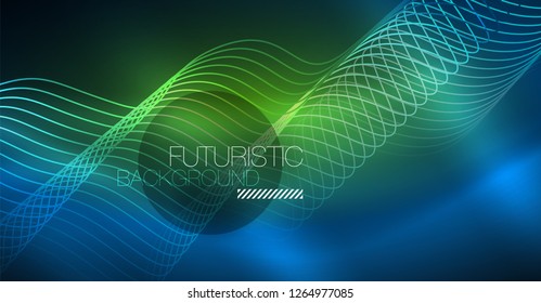 Glowing abstract wave on dark, shiny motion, Christmas and New Year magic space light. Vector techno abstract background