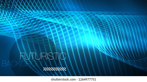 Glowing abstract wave on dark, shiny motion, Christmas and New Year magic space light. Vector techno abstract background