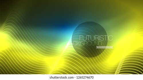 Glowing abstract wave on dark, shiny motion, Christmas and New Year magic space light. Vector techno abstract background