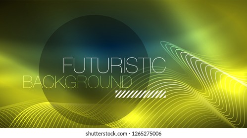 Glowing abstract wave on dark, shiny motion, Christmas and New Year magic space light. Vector techno abstract background