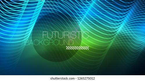 Glowing abstract wave on dark, shiny motion, Christmas and New Year magic space light. Vector techno abstract background