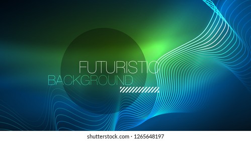Glowing abstract wave on dark, shiny motion, Christmas and New Year magic space light. Vector techno abstract background