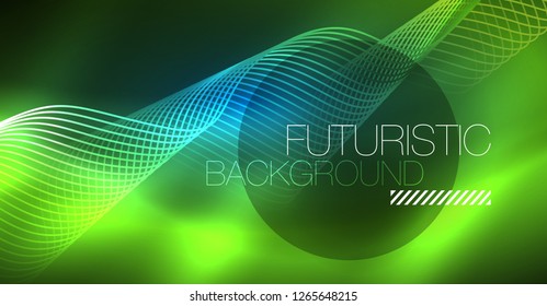 Glowing abstract wave on dark, shiny motion, Christmas and New Year magic space light. Vector techno abstract background