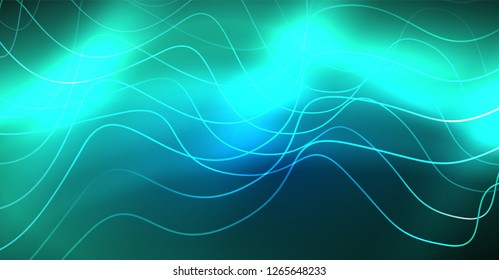 Glowing abstract wave on dark, shiny motion, Christmas and New Year magic space light. Vector techno abstract background